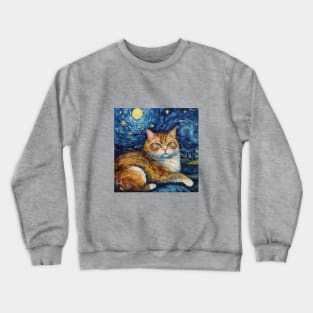 Orange Cat Enjoys City View under Starry Sky and Full Moon Crewneck Sweatshirt